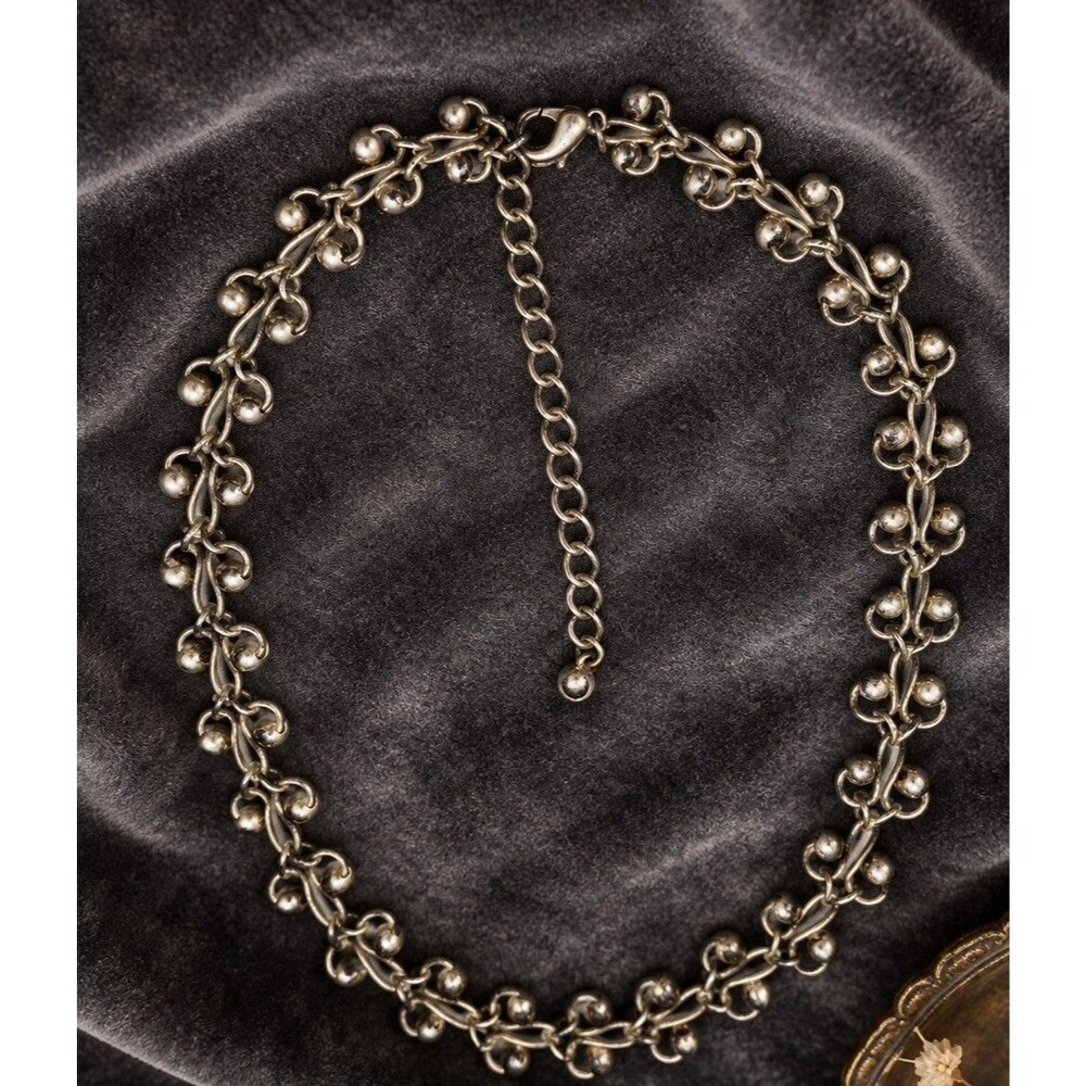 Vintage Silver Tone Ball Fringe Choker Necklace Boho Adjustable Statement